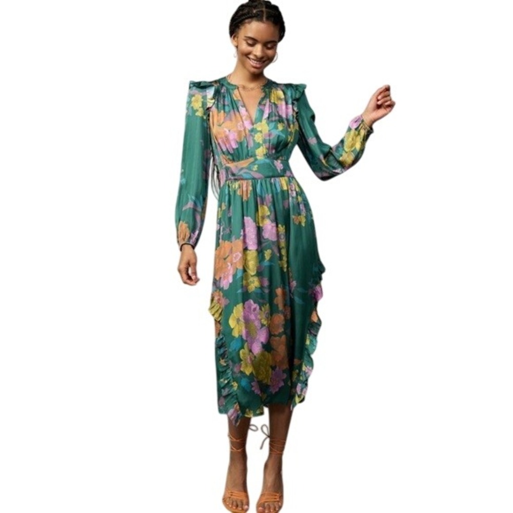 Current Air‎ Emmaline Botanical Floral Midi Dress Sz S Green Multicolor Ruffle